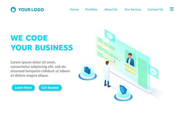 Wall Mural - programming and coding isometric landing page template. modern web page design concept layout for we