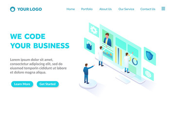 Wall Mural - programming and coding isometric landing page template. modern web page design concept layout for we
