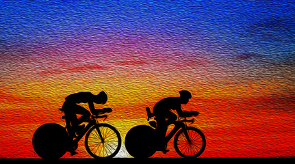 Sticker - Silhouette  Cycling  on blurry sunrise  sky   background. oil painting 