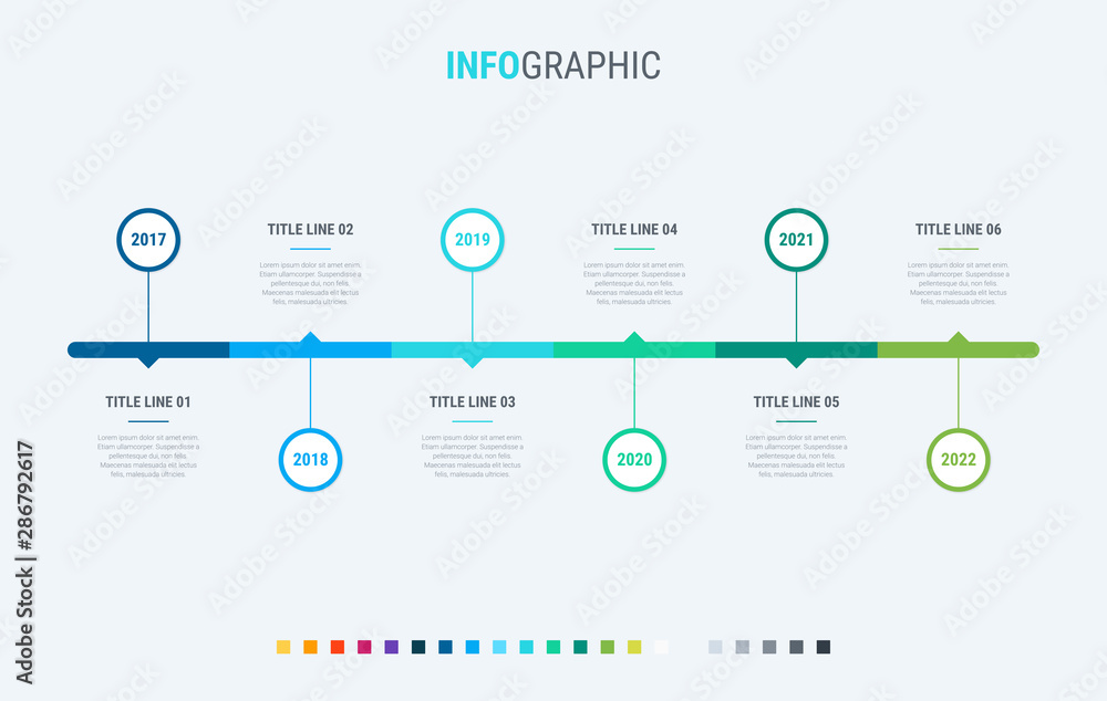 Abstract business rounded infographic template with 6 options. Colorful diagram, timeline and schedule isolated on light background. - obrazy, fototapety, plakaty 