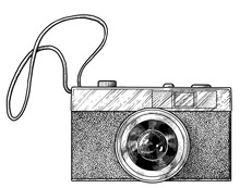 Retro Camera Illustration, Drawing, Engraving, Ink, Line Art, Vector