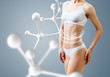 Woman with perfect body near molecule chain. Slimming concept.