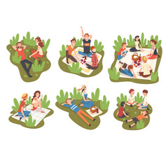 Sticker - People Having Picnic In Park, Happy Young Men And Women Sitting on Plaid, Eating, Talking and Relaxing Vector Illustration