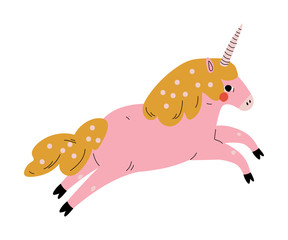 Sticker - Cute Pink Uncorn, Adorable Juming Fantasy Animal Character, Side View Vector Illustration