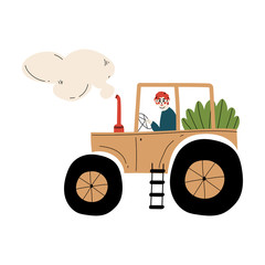 Sticker - Male Farmer Driving Tractor with Seedlings Agricultural Worker at Farm Vector Illustration