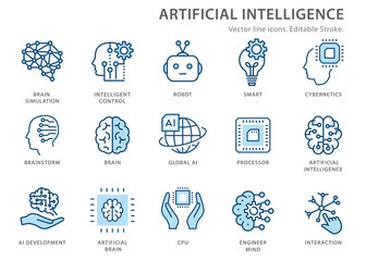 Artificial intelligence line icons set. Vector illustration. Editable stroke.