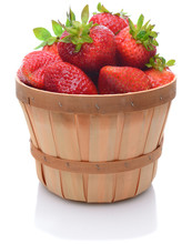 A Basket Full Of Freshly Picked Red Ripe Strawberries, Over White.
