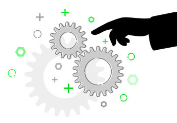 Pointing finger at maintenance gears, illustration flat style