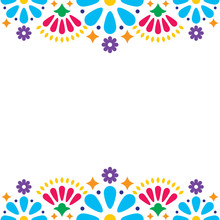 Mexican Folk Vector Wedding Or Party Invitation, Greeting Card, Colorful Frame Design With Blue Flowers And Abstract Shapes On White
