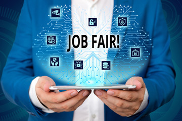 Wall Mural - Handwriting text writing Job Fair. Conceptual photo event where employers offer information about their companies Male human wear formal work suit presenting presentation using smart device