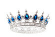 Beauty pageant winner, bride accessory in wedding and royal crown for a queen concept with a silver tiara covered diamonds and blue sapphire stones isolated on white with clipping path cutout
