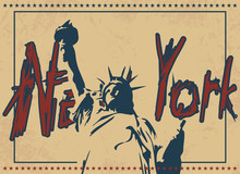 New York Poster In Vintage Style With Statue Of Liberty And Hand Drawn Text. Vector Illustration.