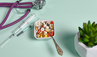 Sticker - Medicine pills, tablets and capsules on table