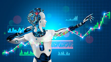 Robot Trader Assistant On Forex Market. Automated Trading System. Software Of Stock Market. Advisor With Artificial Intelligence Of Exchange Business. AI Technology Of Analysis Investment Fund Data.