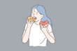 Healthy diet or junk food concept. Portrait of young depressed girl eating donuts. Vector flat design.