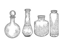Chemical Laboratory Flasks Sketch Engraving Vector Illustration. Scratch Board Style Imitation. Black And White Hand Drawn Image.