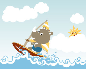 Wall Mural - rhino play windsurf at summer, vector cartoon illustration