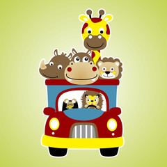 Poster - cute animals on truck, vector cartoon illustration