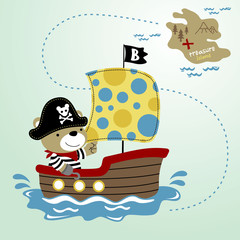 Wall Mural - bear pirate on sailboat going to treasure island, vector cartoon illustration