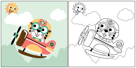 Poster - vector cartoon of tiger on airplane at summer, coloring book or page