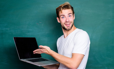 Wall Mural - Digital technology. Apply online course for programmers. Student learn programming language. Programming web development. School teacher programming with laptop. Handsome man use modern technology
