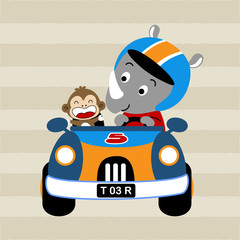 Sticker - vector cartoon of funny animals on race car, rhino and monkey