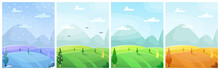 Set Of Seasonal Flat Vector Cartoon Landscape. Fields With Trees And Mountains In The Background.