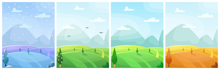 Set of seasonal flat vector cartoon landscape. Fields with trees and mountains in the background.