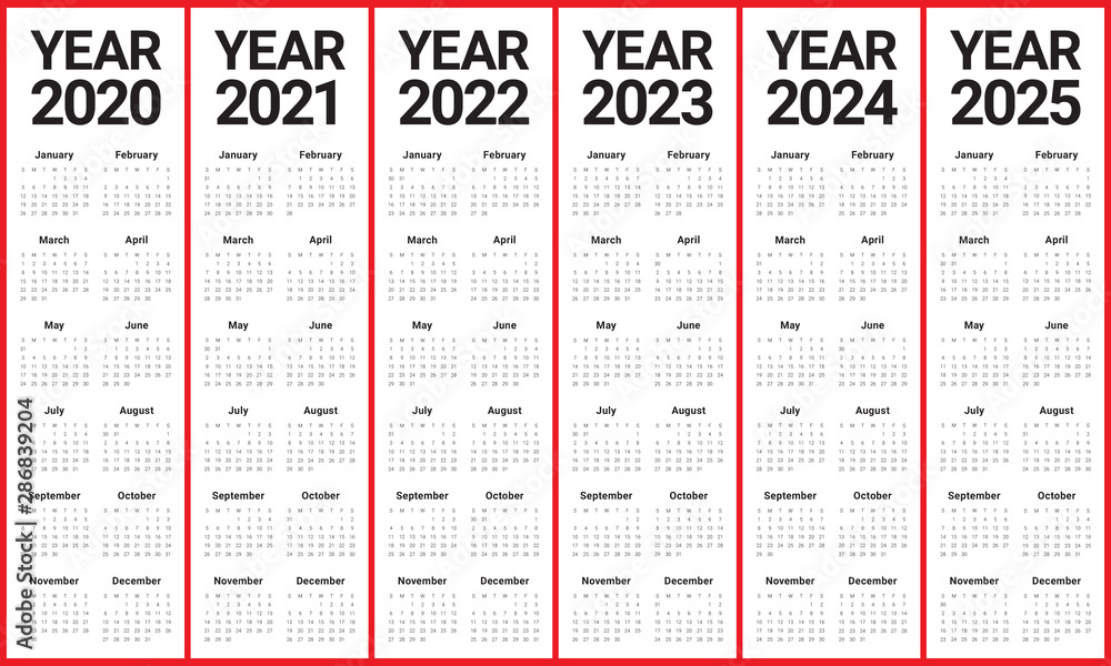 Stock-Illustration „Year 2020 2021 2022 2023 2024 2025 calendar vector  design template“ | Adobe Stock