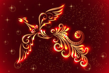Image Of A Firebird From Ornament Elements In Red And Gold Colors.