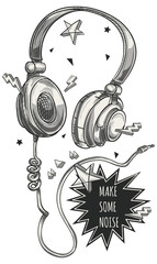 Hand drawn monochrome funky musical headphones