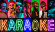 © master1305 - African-american and caucasian jazz musicians singing a song on gradient colorful background. Concept of music, hobby. Retro portrait of male and female singers. Karaoke. Creative collage of 6 models.