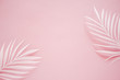 Leinwandbild Motiv Tropical palm leaf on pink background. Flat lay, top view