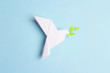 Paper origami dove of peace with olive branch on a blue background.
