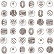 Hand drawn vector collection chocolate candies. Vector bonbon seamless pattern. Background with milk, dark and white chocolate pralines.  Vector isolated cocoa production. Outline Background