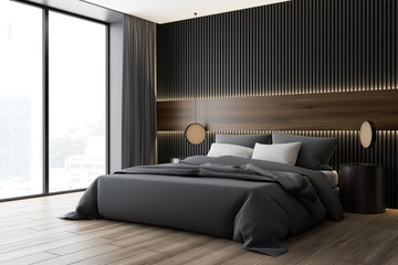 Dark wood and gray bedroom corner