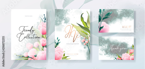 Wedding invitation frame set; flowers, leaves, watercolor, isolated on white....