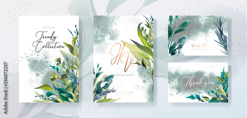 Wedding invitation frame set; flowers, leaves, watercolor, isolated on white....