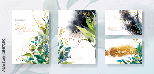 Wedding invitation frame set; flowers, leaves, watercolor, isolated on white....