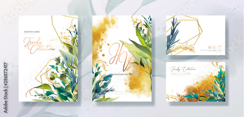 Wedding invitation frame set; flowers, leaves, watercolor, isolated on white....