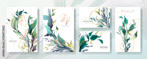 Wedding invitation frame set; flowers, leaves, watercolor, isolated on white....