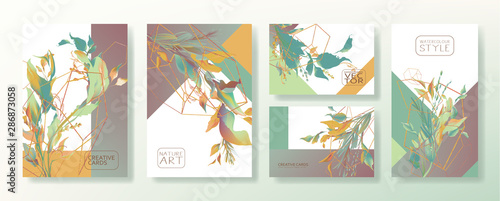 Wedding invitation frame set; flowers, leaves, watercolor, isolated on white....