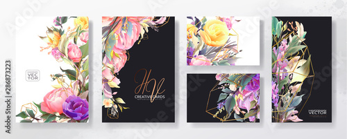 Wedding invitation frame set; flowers, leaves, watercolor, isolated on white....