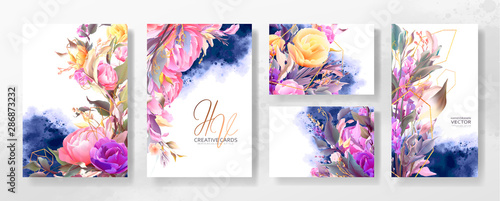 Wedding invitation frame set; flowers, leaves, watercolor, isolated on white....