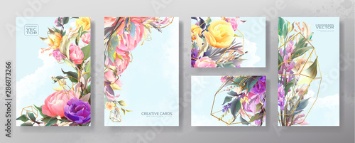 Wedding invitation frame set; flowers, leaves, watercolor, isolated on white....