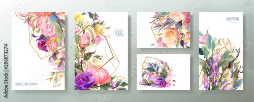 Wedding invitation frame set; flowers, leaves, watercolor, isolated on white....