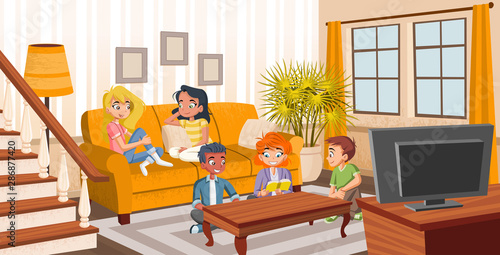 Group of cartoon young people on sofa. Teenager friends.