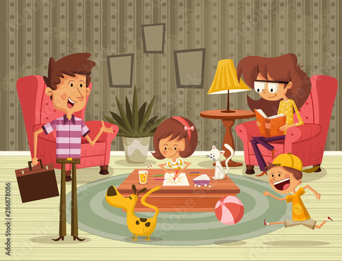 Happy cartoon family in the living room.