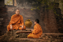Monks Convey And Teach The Dharma To Novices, At Ancient Temples In Phra Nakhon Si Ayutthaya, Thailand.
