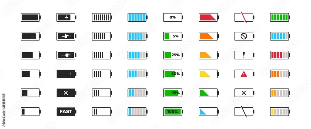 Battery charge icon set. Powered indicator black charge level gsm, charging empty batteries and low battery power icons. Vector full low and empty charge status smartphone UI elements - obrazy, fototapety, plakaty 